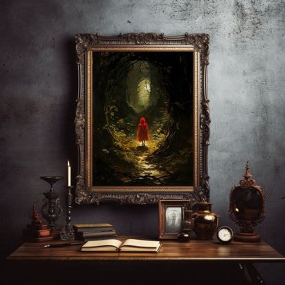 Little Red Riding Hood Gothic Wall Art Spooky Mysterious Fairytale Wall Decor Eerie Dark Forest Painting Dark Cottagecore Gothic Paper Poster Prints - Everything Pixel