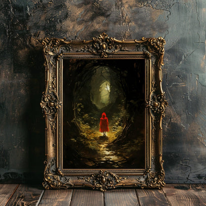 Little Red Riding Hood Gothic Wall Art Spooky Mysterious Fairytale Wall Decor Eerie Dark Forest Painting Dark Cottagecore Gothic Paper Poster Prints - Everything Pixel