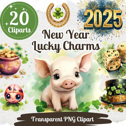 Lucky Charm Cliparts 20 PNG Bundle Festive New Year Celebration Gifts Cute New Year Wishes Watercolor Graphic Lucky Wishes for 2025 - Everything Pixel