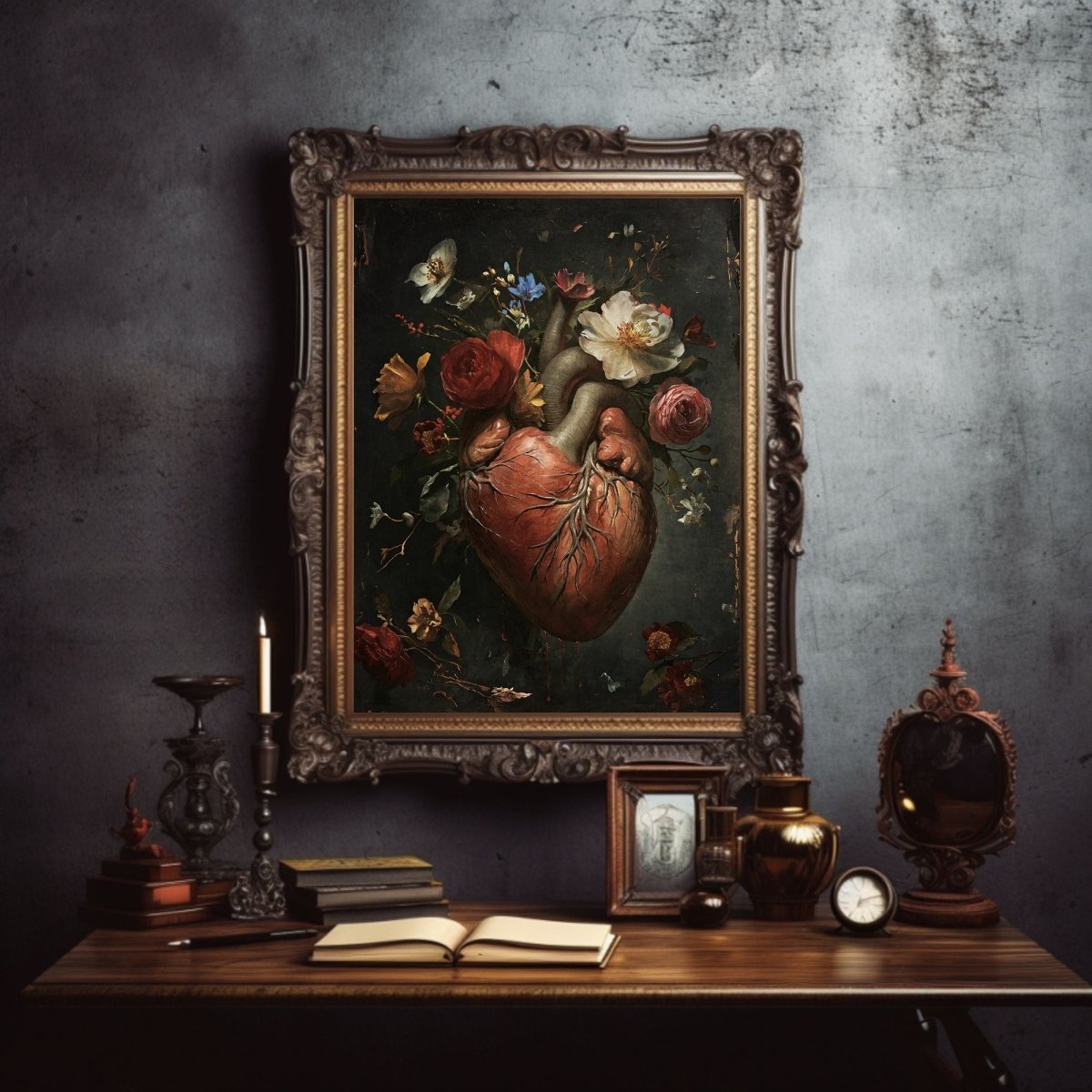 Macabre Valentine Gothic Wall Art Antique Oil Painting Human Heart with Flowers Creepy Gothic Decor Goblincore Decor Dark Romance Print Paper Poster Print - Everything Pixel
