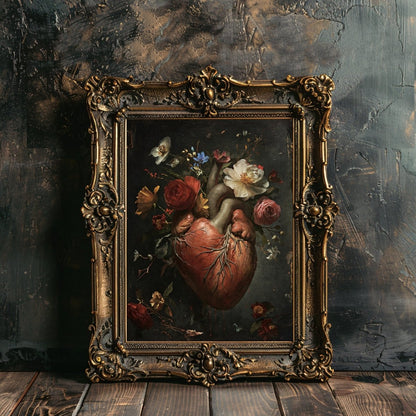 Macabre Valentine Gothic Wall Art Antique Oil Painting Human Heart with Flowers Creepy Gothic Decor Goblincore Decor Dark Romance Print Paper Poster Print - Everything Pixel