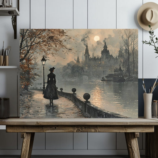 Melancholic Solitude Canvas Print - Victorian Woman, Moody Autumn Cityscape - Everything Pixel