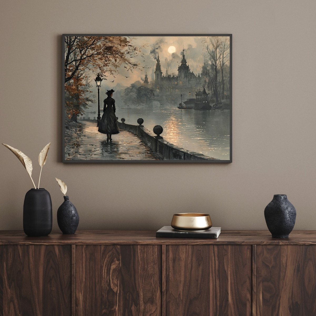 Melancholic Solitude Wall Art Print - Victorian Woman, Moody Autumn Cityscape - Everything Pixel