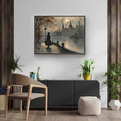 Melancholic Solitude Wall Art Print - Victorian Woman, Moody Autumn Cityscape - Everything Pixel