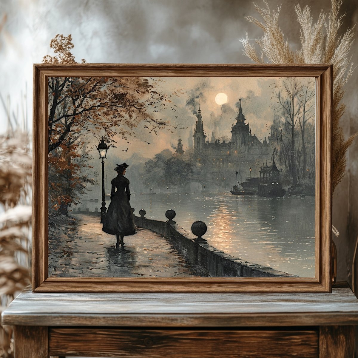 Melancholic Solitude Wall Art Print - Victorian Woman, Moody Autumn Cityscape - Everything Pixel