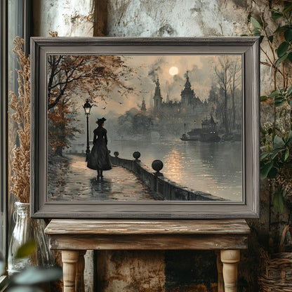 Melancholic Solitude Wall Art Print - Victorian Woman, Moody Autumn Cityscape - Everything Pixel