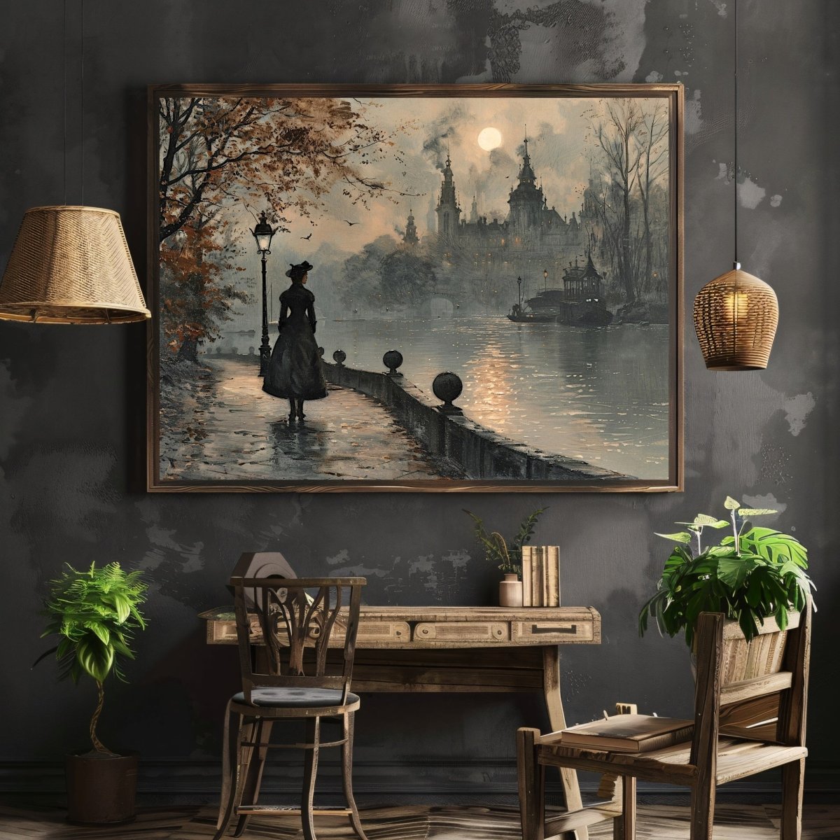 Melancholic Solitude Wall Art Print - Victorian Woman, Moody Autumn Cityscape - Everything Pixel