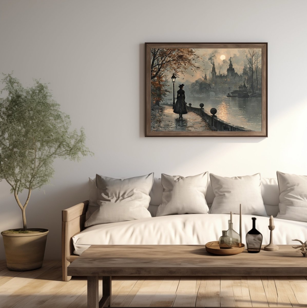 Melancholic Solitude Wall Art Print - Victorian Woman, Moody Autumn Cityscape - Everything Pixel