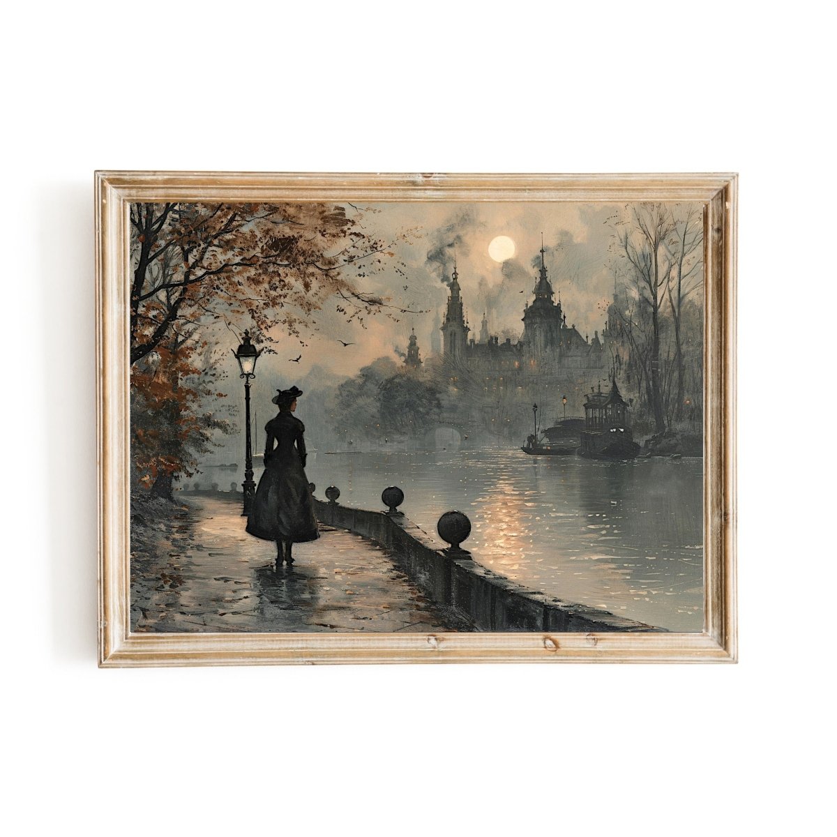 Melancholic Solitude Wall Art Print - Victorian Woman, Moody Autumn Cityscape - Everything Pixel