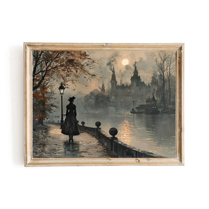 Melancholic Solitude Wall Art Print - Victorian Woman, Moody Autumn Cityscape - Everything Pixel