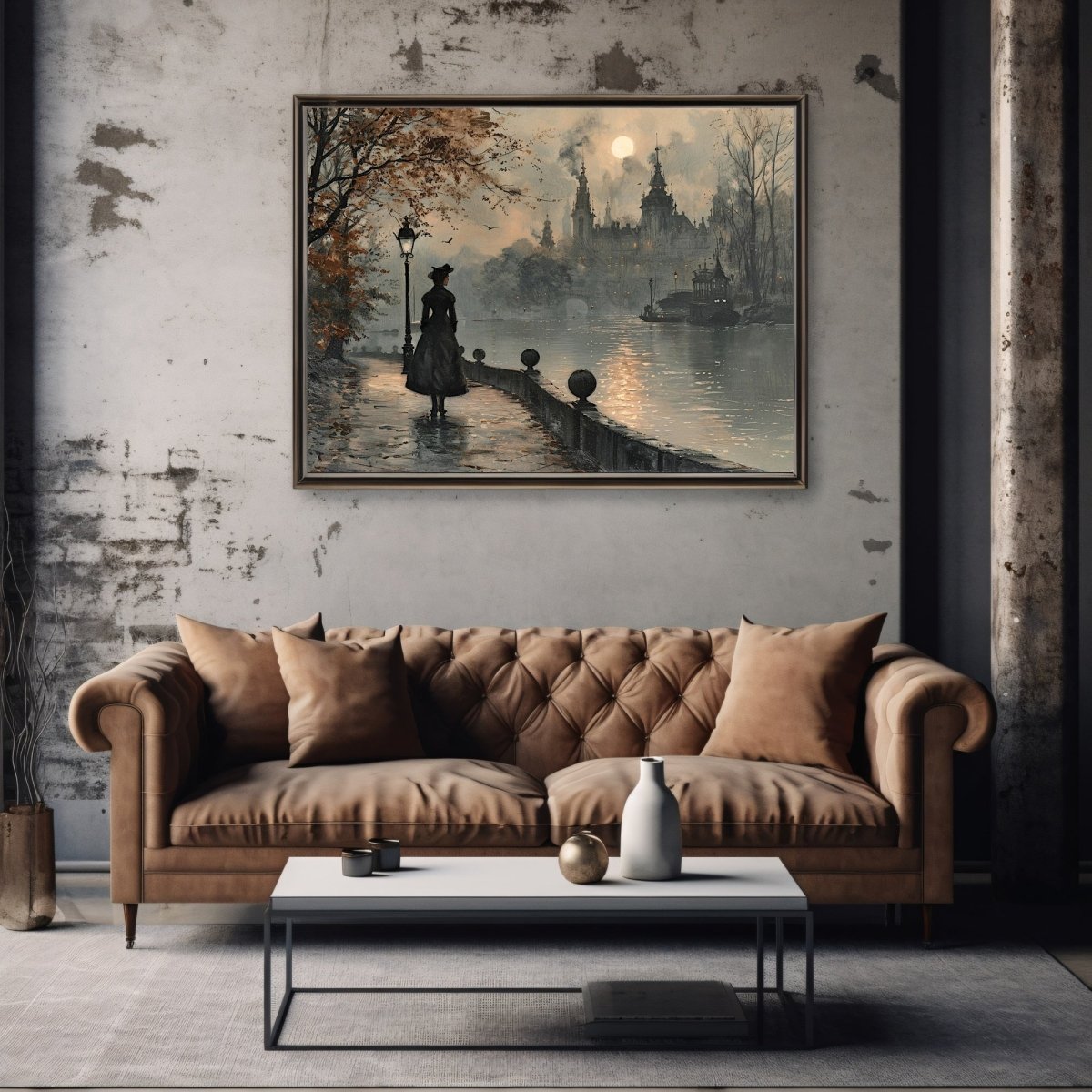 Melancholic Solitude Wall Art Print - Victorian Woman, Moody Autumn Cityscape - Everything Pixel