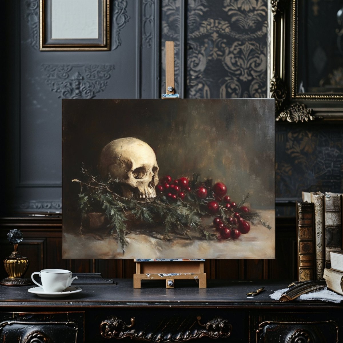 Memento Mori Skull with Evergreen and Berries - Gothic Holiday Canvas Print for Dark Academia Decor - Everything Pixel