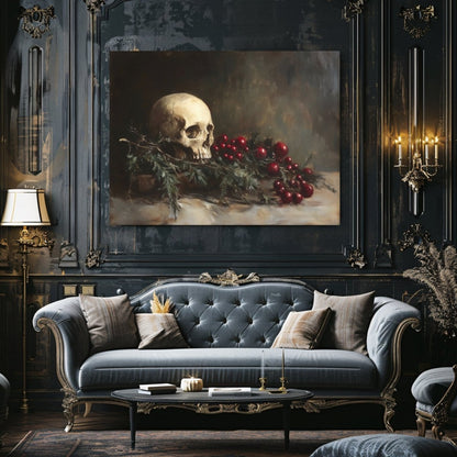 Memento Mori Skull with Evergreen and Berries - Gothic Holiday Canvas Print for Dark Academia Decor - Everything Pixel