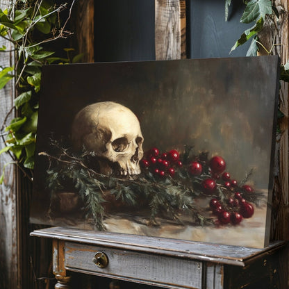 Memento Mori Skull with Evergreen and Berries - Gothic Holiday Canvas Print for Dark Academia Decor - Everything Pixel