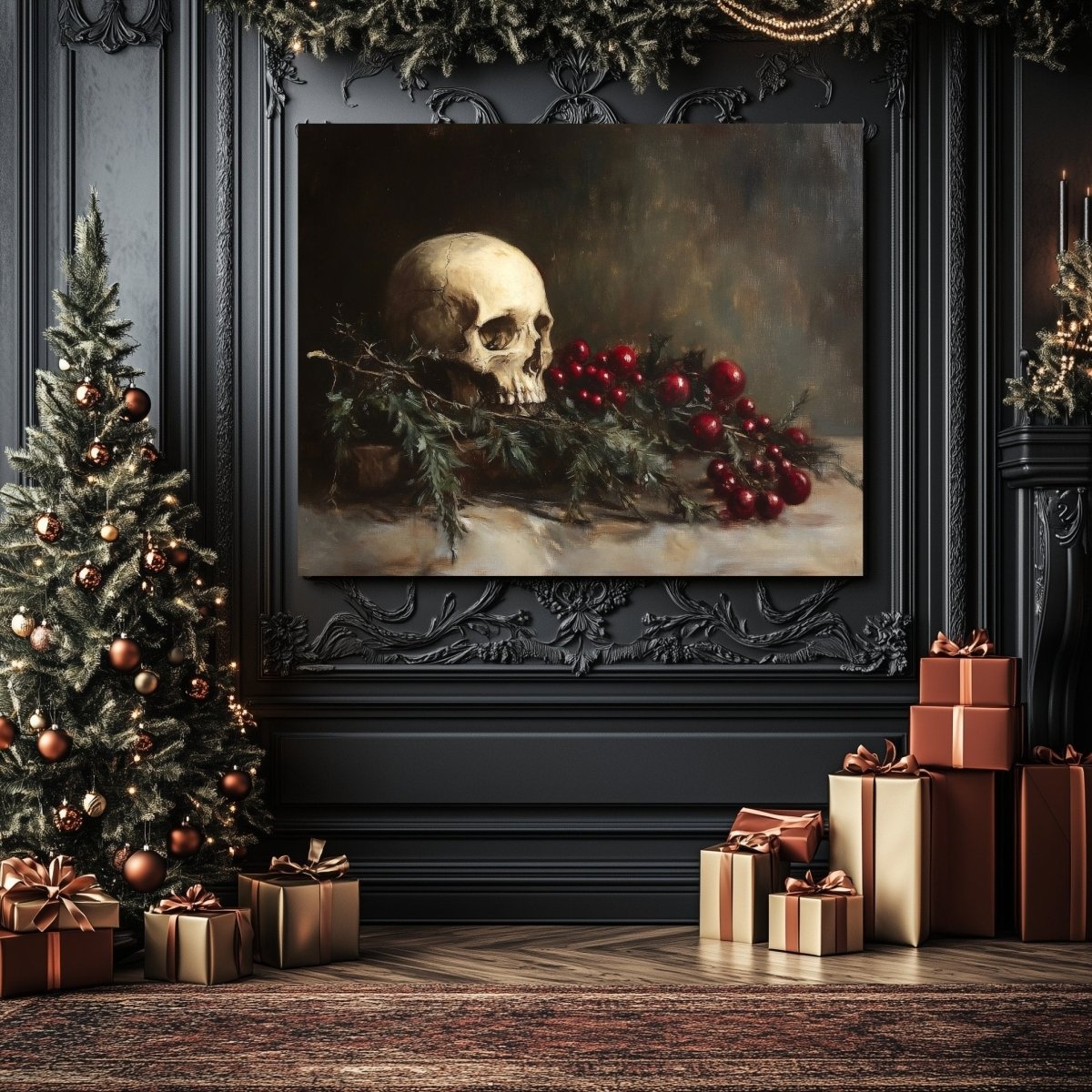 Memento Mori Skull with Evergreen and Berries - Gothic Holiday Canvas Print for Dark Academia Decor - Everything Pixel