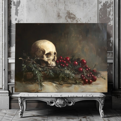 Memento Mori Skull with Evergreen and Berries - Gothic Holiday Canvas Print for Dark Academia Decor - Everything Pixel