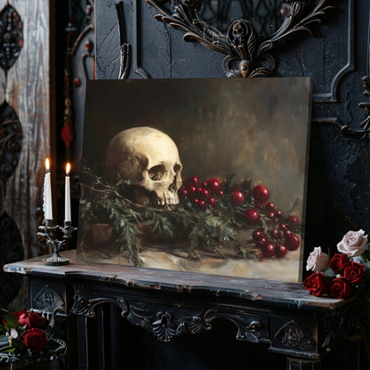 Memento Mori Skull with Evergreen and Berries - Gothic Holiday Canvas Print for Dark Academia Decor - Everything Pixel