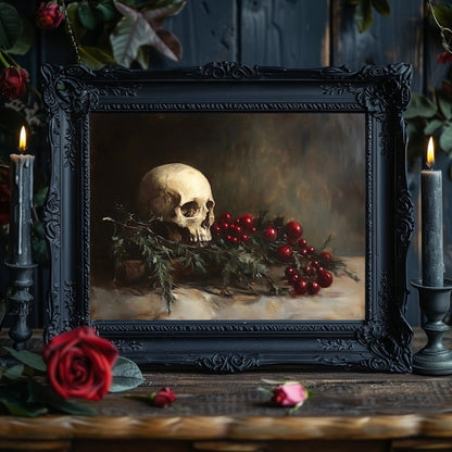 Memento Mori Skull with Evergreen and Berries - Gothic Holiday Still Life Wall Art Print - Everything Pixel