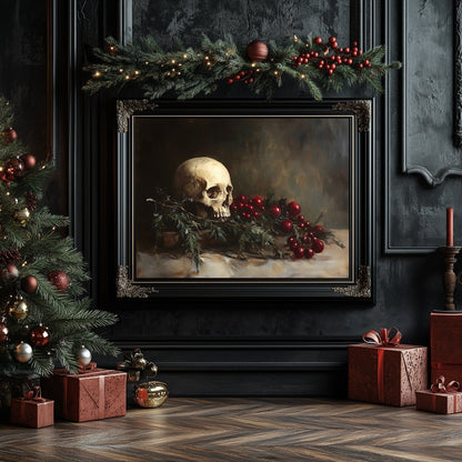 Memento Mori Skull with Evergreen and Berries - Gothic Holiday Still Life Wall Art Print - Everything Pixel