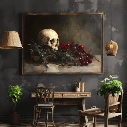 Memento Mori Skull with Evergreen and Berries - Gothic Holiday Still Life Wall Art Print - Everything Pixel