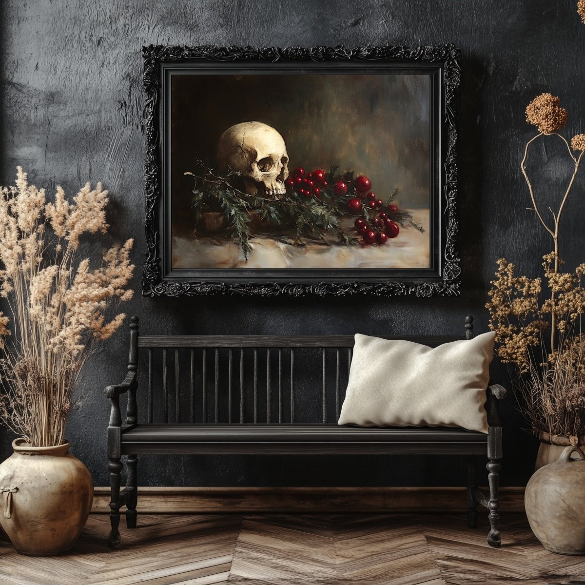 Memento Mori Skull with Evergreen and Berries - Gothic Holiday Still Life Wall Art Print - Everything Pixel