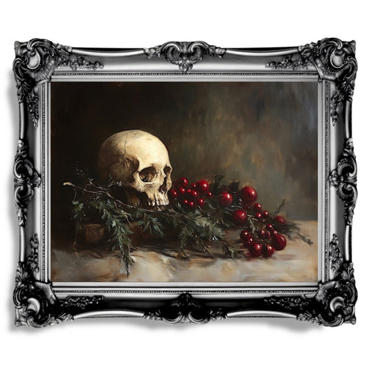 Memento Mori Skull with Evergreen and Berries - Gothic Holiday Still Life Wall Art Print - Everything Pixel