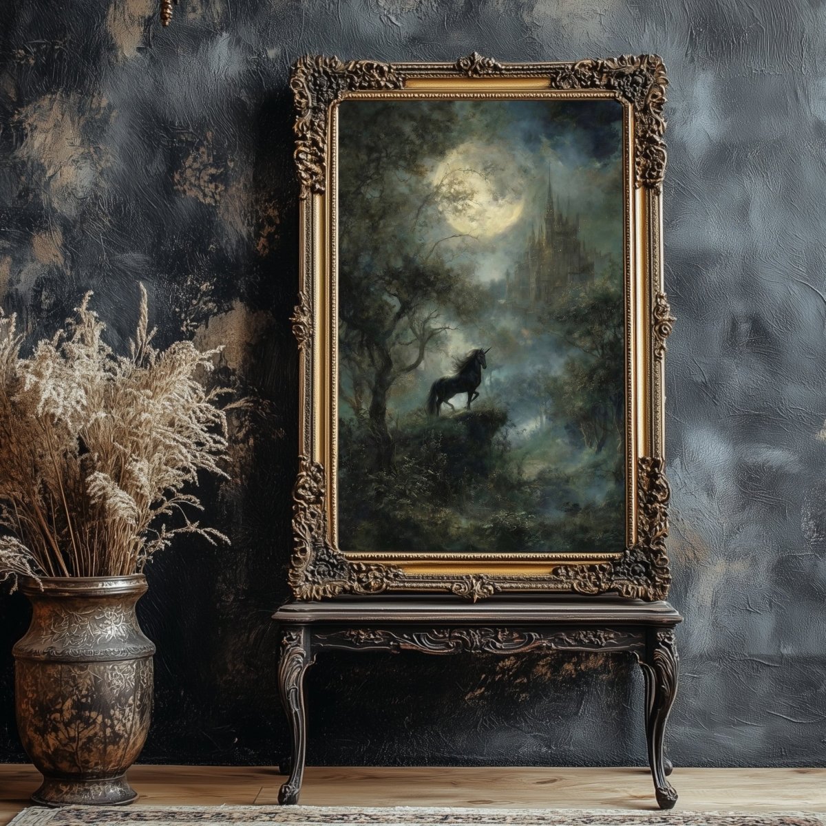 Moonlit Black Unicorn Wall Art Print – Mystical Gothic Cliffside Fantasy Landscape Décor - Everything Pixel