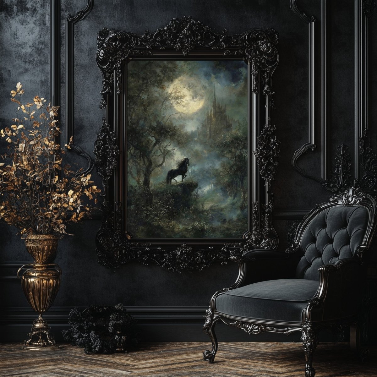 Moonlit Black Unicorn Wall Art Print – Mystical Gothic Cliffside Fantasy Landscape Décor - Everything Pixel