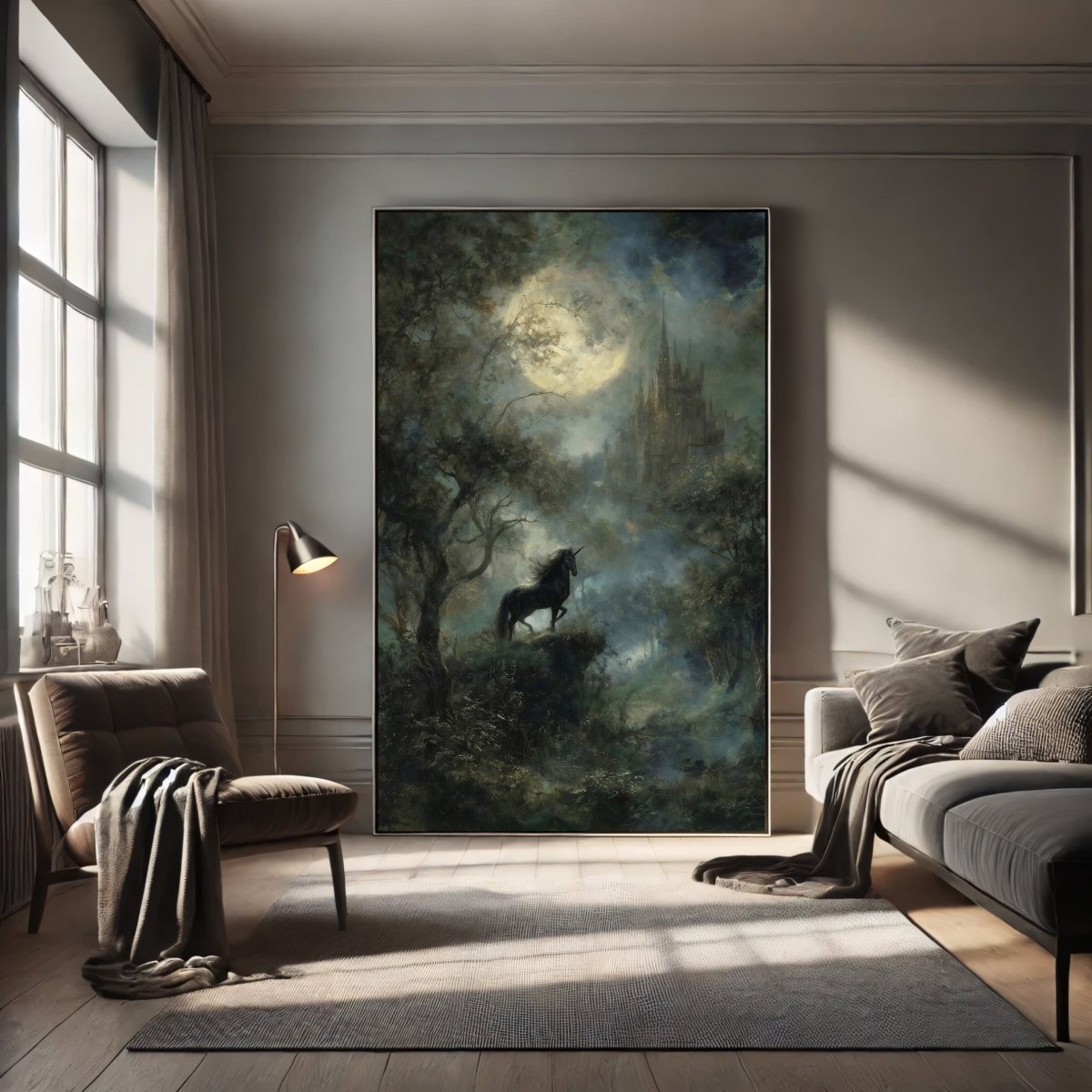 Moonlit Black Unicorn Wall Art Print – Mystical Gothic Cliffside Fantasy Landscape Décor - Everything Pixel