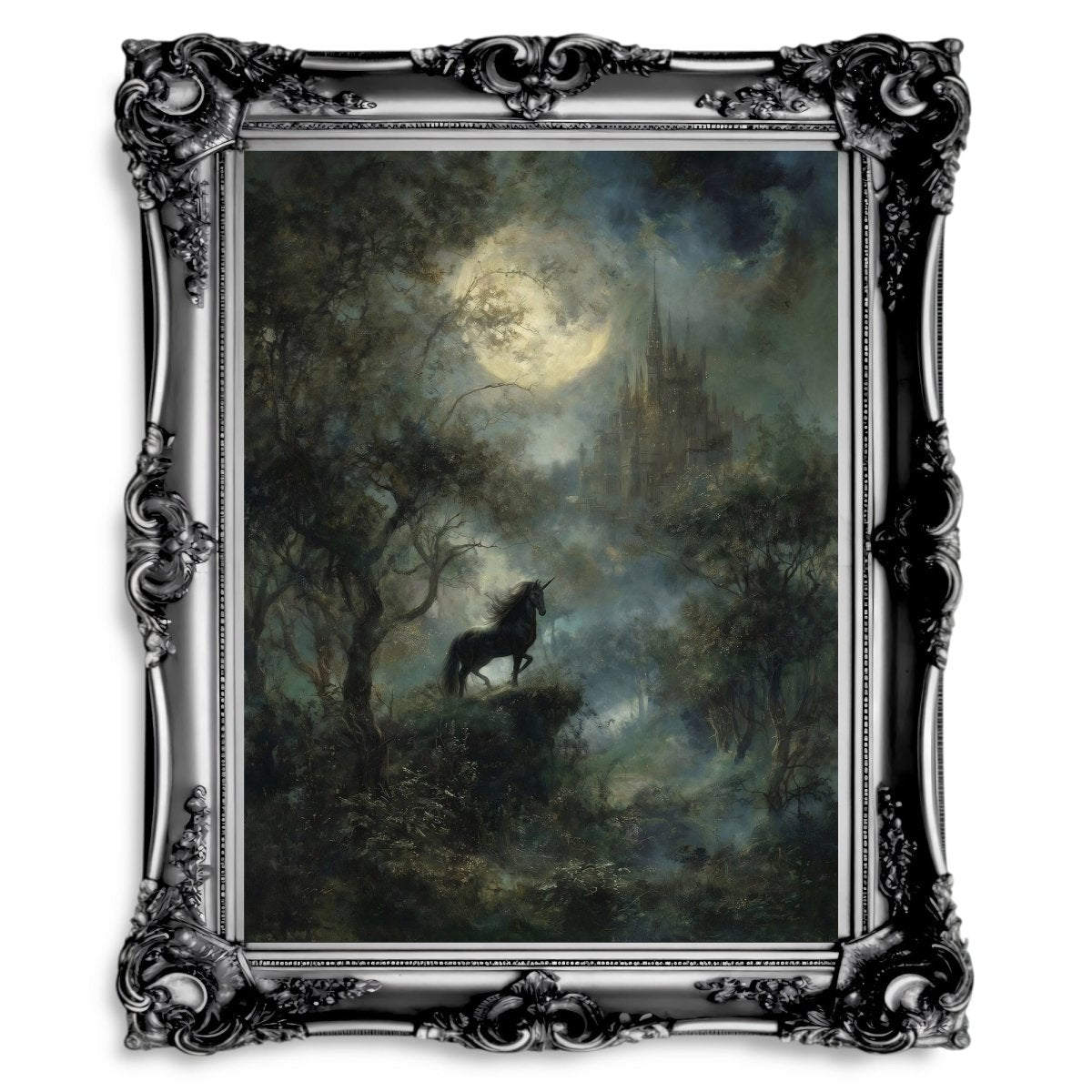 Moonlit Black Unicorn Wall Art Print – Mystical Gothic Cliffside Fantasy Landscape Décor - Everything Pixel