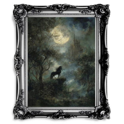 Moonlit Black Unicorn Wall Art Print – Mystical Gothic Cliffside Fantasy Landscape Décor - Everything Pixel