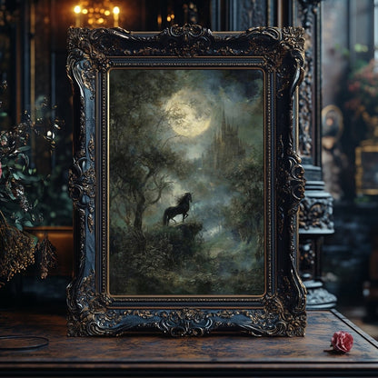 Moonlit Black Unicorn Wall Art Print – Mystical Gothic Cliffside Fantasy Landscape Décor - Everything Pixel