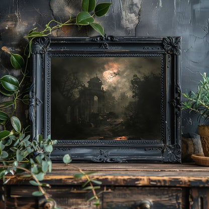 Moonlit Gothic Graveyard Wall Art Print – Eerie Halloween Decor with Bats and Gravestones - Everything Pixel