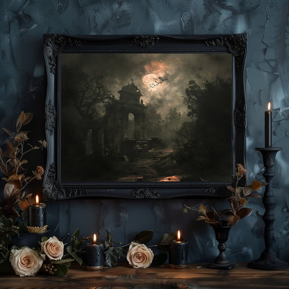 Moonlit Gothic Graveyard Wall Art Print – Eerie Halloween Decor with Bats and Gravestones - Everything Pixel