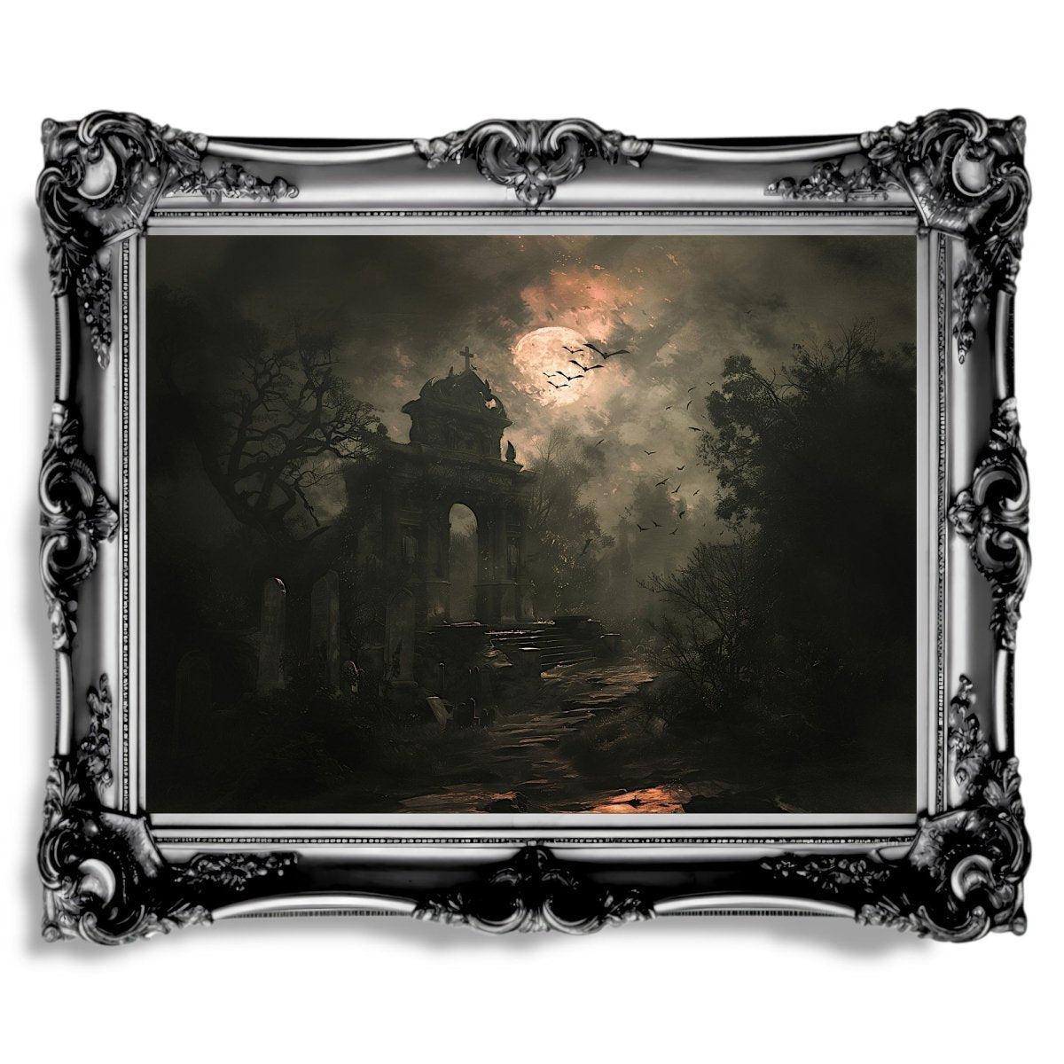 Moonlit Gothic Graveyard Wall Art Print – Eerie Halloween Decor with Bats and Gravestones - Everything Pixel