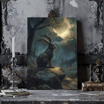 Moonlit Jackalope Canvas Print – Gothic Cryptid Art Inspired by American Folklore & Dark Fantasy - Everything Pixel