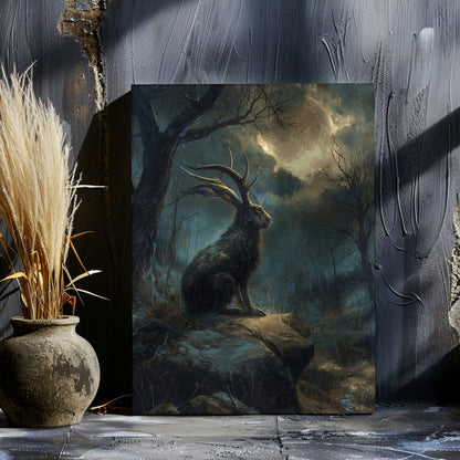 Moonlit Jackalope Canvas Print – Gothic Cryptid Art Inspired by American Folklore & Dark Fantasy - Everything Pixel
