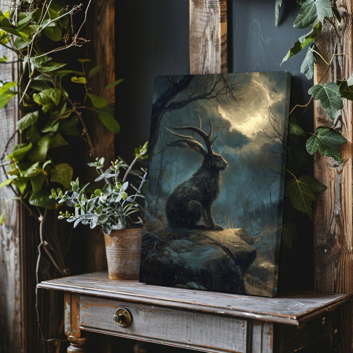 Moonlit Jackalope Canvas Print – Gothic Cryptid Art Inspired by American Folklore & Dark Fantasy - Everything Pixel