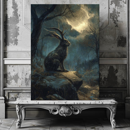 Moonlit Jackalope Canvas Print – Gothic Cryptid Art Inspired by American Folklore & Dark Fantasy - Everything Pixel