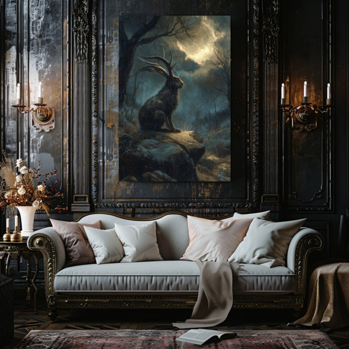 Moonlit Jackalope Canvas Print – Gothic Cryptid Art Inspired by American Folklore & Dark Fantasy - Everything Pixel