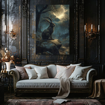 Moonlit Jackalope Canvas Print – Gothic Cryptid Art Inspired by American Folklore & Dark Fantasy - Everything Pixel