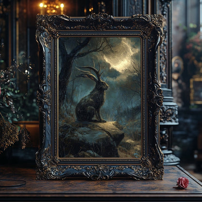 Moonlit Jackalope Wall Art Print – Mystical American Folklore Cryptid Gothic Fantasy Decor - Everything Pixel