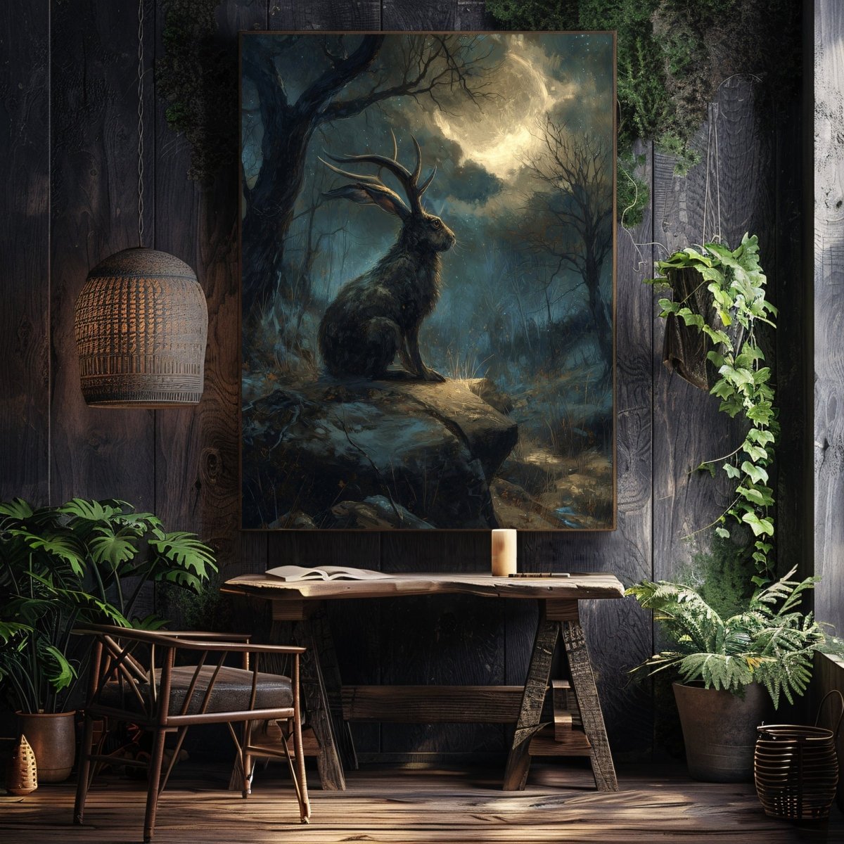 Moonlit Jackalope Wall Art Print – Mystical American Folklore Cryptid Gothic Fantasy Decor - Everything Pixel