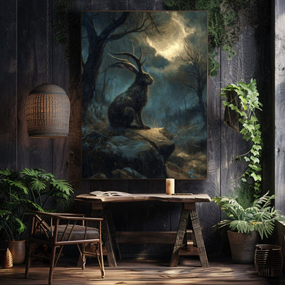 Moonlit Jackalope Wall Art Print – Mystical American Folklore Cryptid Gothic Fantasy Decor - Everything Pixel