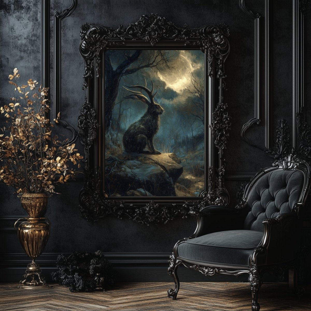 Moonlit Jackalope Wall Art Print – Mystical American Folklore Cryptid Gothic Fantasy Decor - Everything Pixel