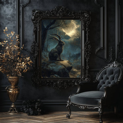 Moonlit Jackalope Wall Art Print – Mystical American Folklore Cryptid Gothic Fantasy Decor - Everything Pixel