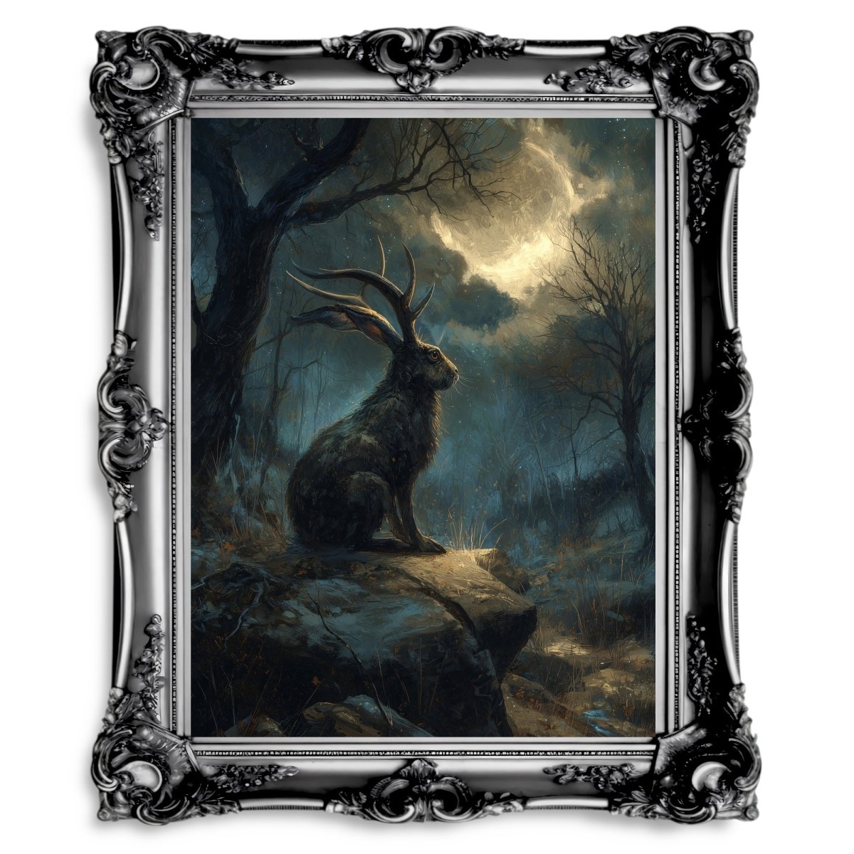Moonlit Jackalope Wall Art Print – Mystical American Folklore Cryptid Gothic Fantasy Decor - Everything Pixel