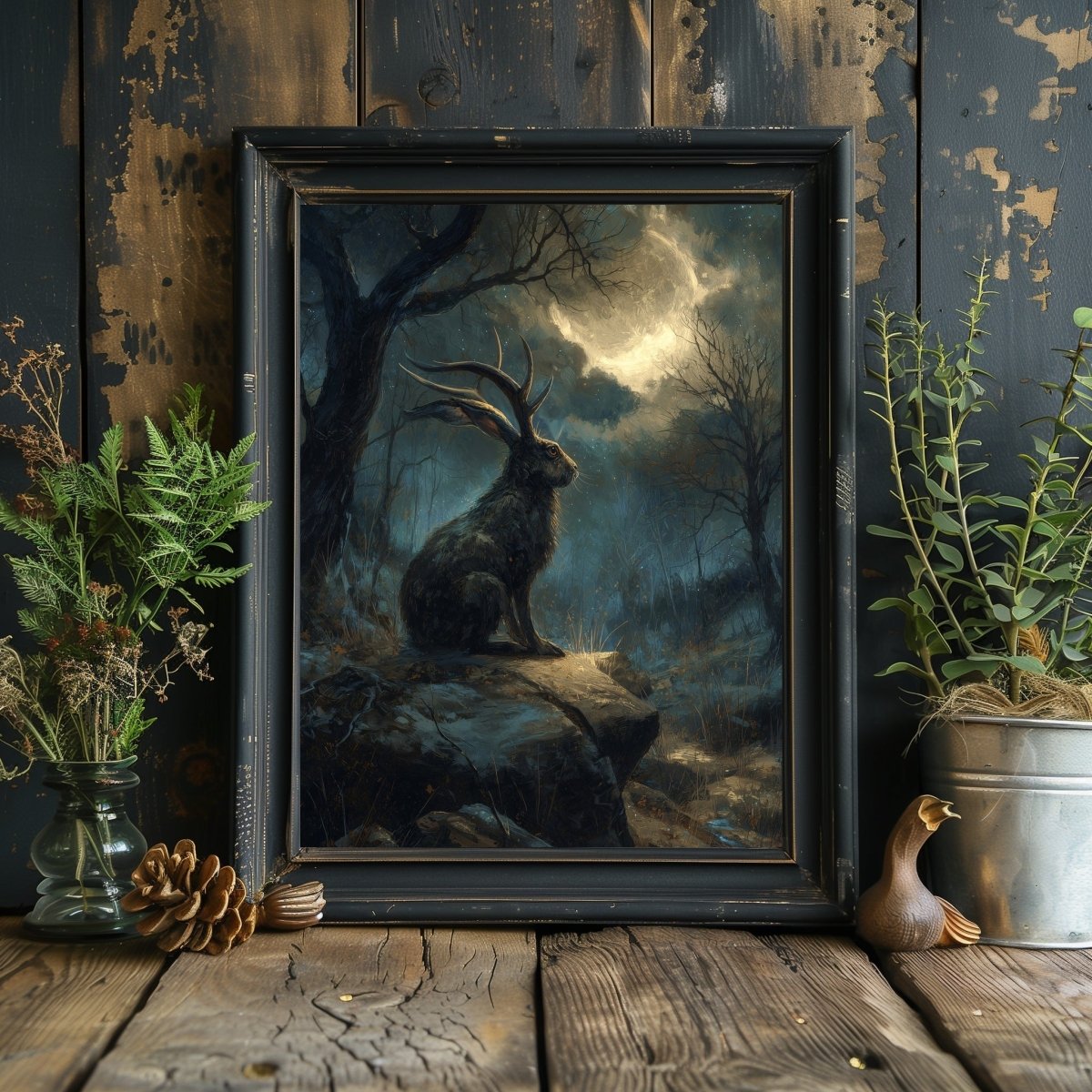 Moonlit Jackalope Wall Art Print – Mystical American Folklore Cryptid Gothic Fantasy Decor - Everything Pixel