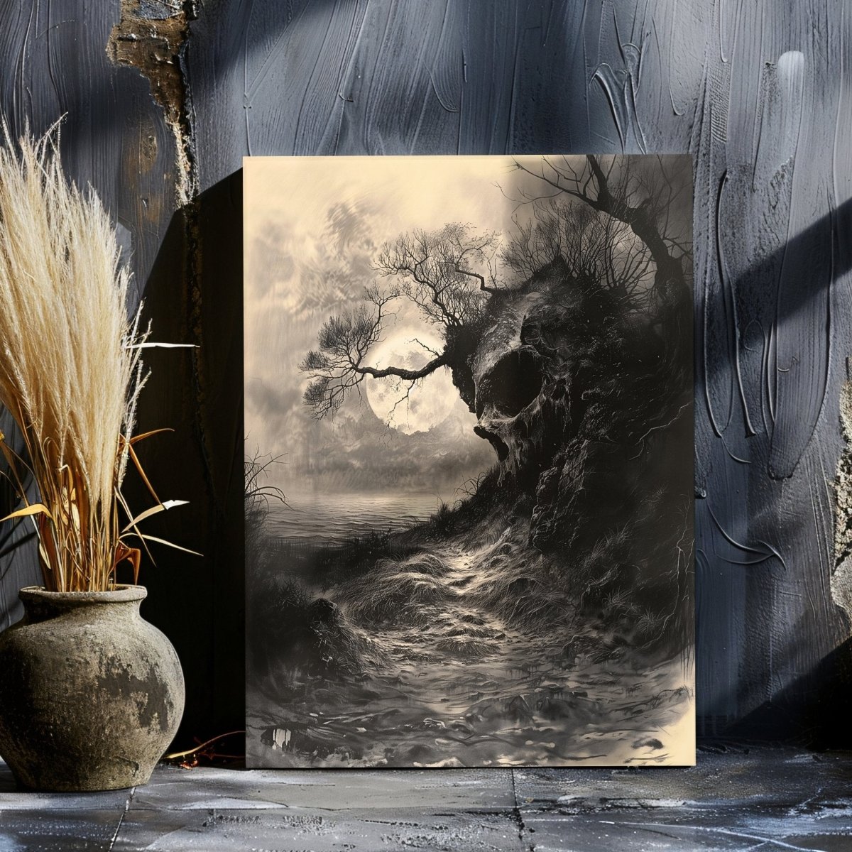 Moonlit Skull Rock - Eerie Autumn Landscape - Canvas Print - Everything Pixel