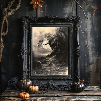 Moonlit Skull Rock - Eerie Autumn Landscape - Wall Art Print - Everything Pixel